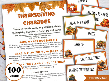 Thanksgiving charades I Charades Pictionary I Fall Game Cards I Family reunion game I Senior Living game I Printable Thanksgiving I Adult-Thanksgiving -TheHustlingCatLady-Party Games