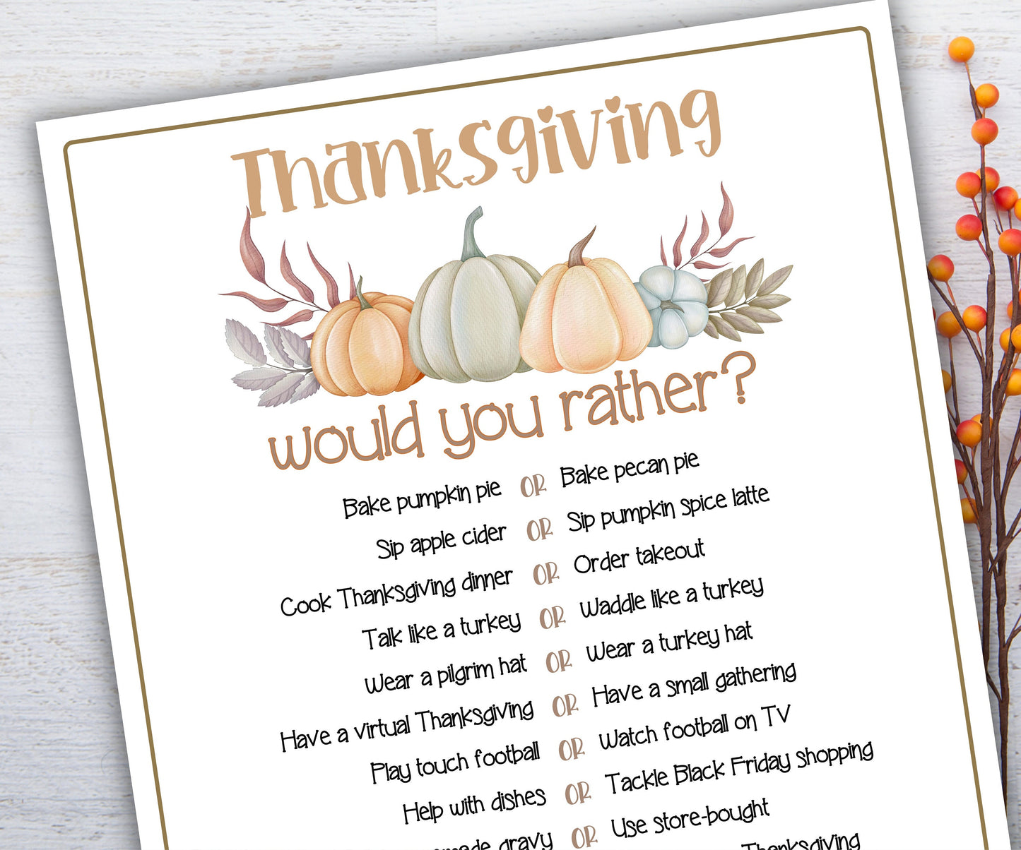 Thanksgiving Would you rather game I Thanksgiving games I Thanksgiving party I Pastel thanksgiving I This or that I Printable kids game-Thanksgiving -TheHustlingCatLady-Party Games