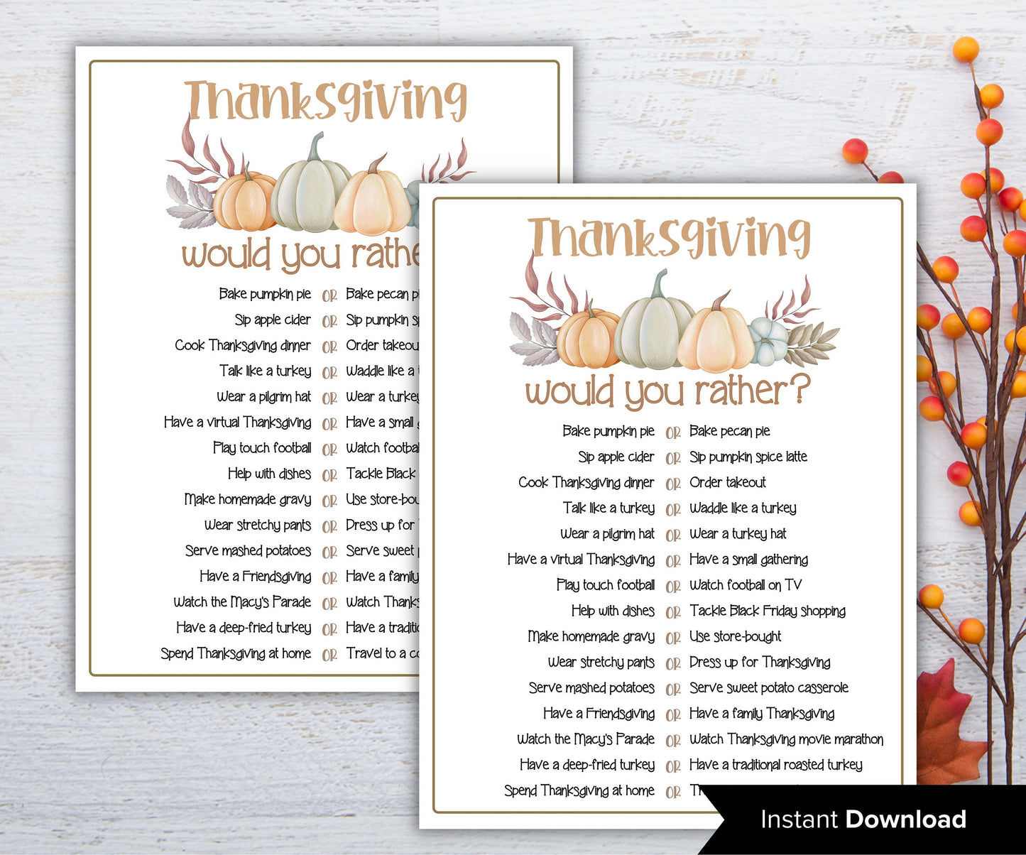 Thanksgiving Would you rather game I Thanksgiving games I Thanksgiving party I Pastel thanksgiving I This or that I Printable kids game-Thanksgiving -TheHustlingCatLady-Party Games