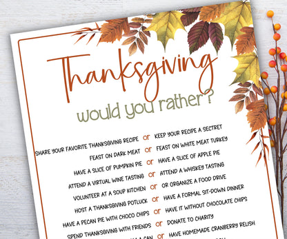 Thanksgiving Would you rather game I Thanksgiving games I Thanksgiving party I This or that I Printable kids game I get to know you-Thanksgiving -TheHustlingCatLady-Party Games