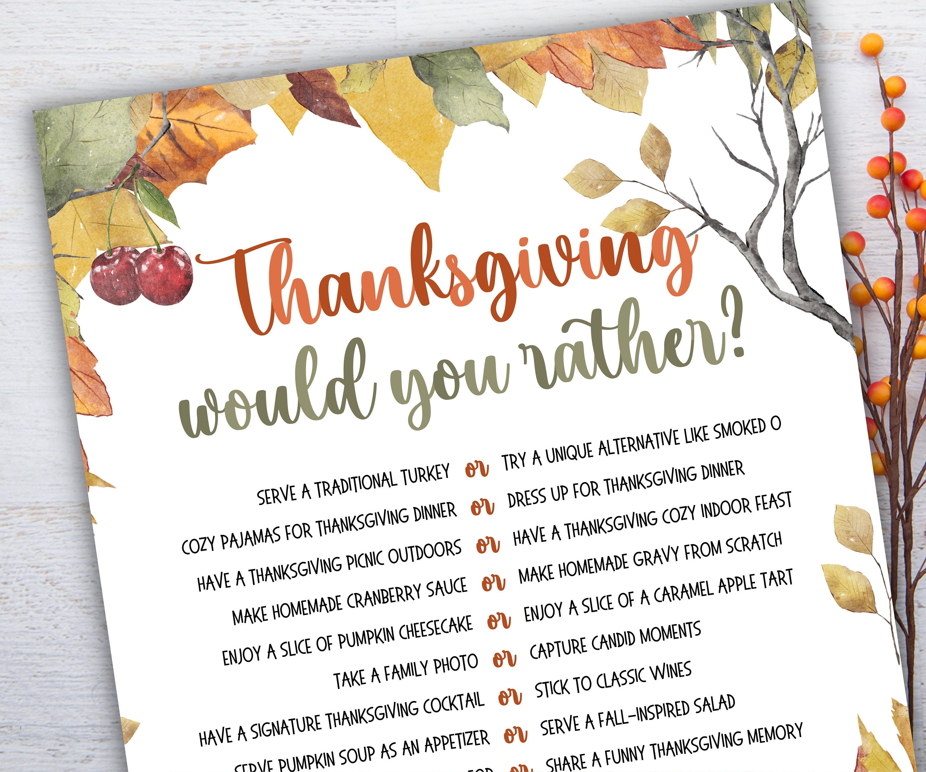 Thanksgiving Would you rather game I Thanksgiving games I Thanksgiving party I This or that I Printable kids game I Get to know you-Thanksgiving -TheHustlingCatLady-Party Games