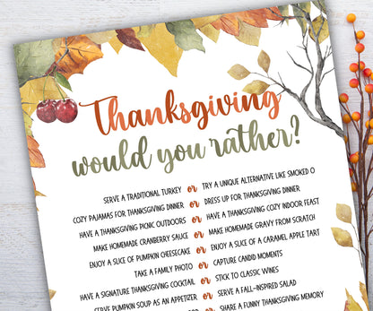 Thanksgiving Would you rather game I Thanksgiving games I Thanksgiving party I This or that I Printable kids game I Get to know you-Thanksgiving -TheHustlingCatLady-Party Games