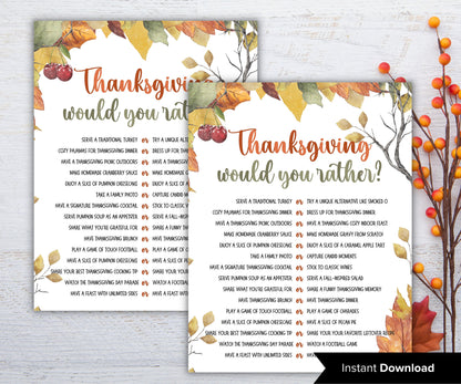 Thanksgiving Would you rather game I Thanksgiving games I Thanksgiving party I This or that I Printable kids game I Get to know you-Thanksgiving -TheHustlingCatLady-Party Games