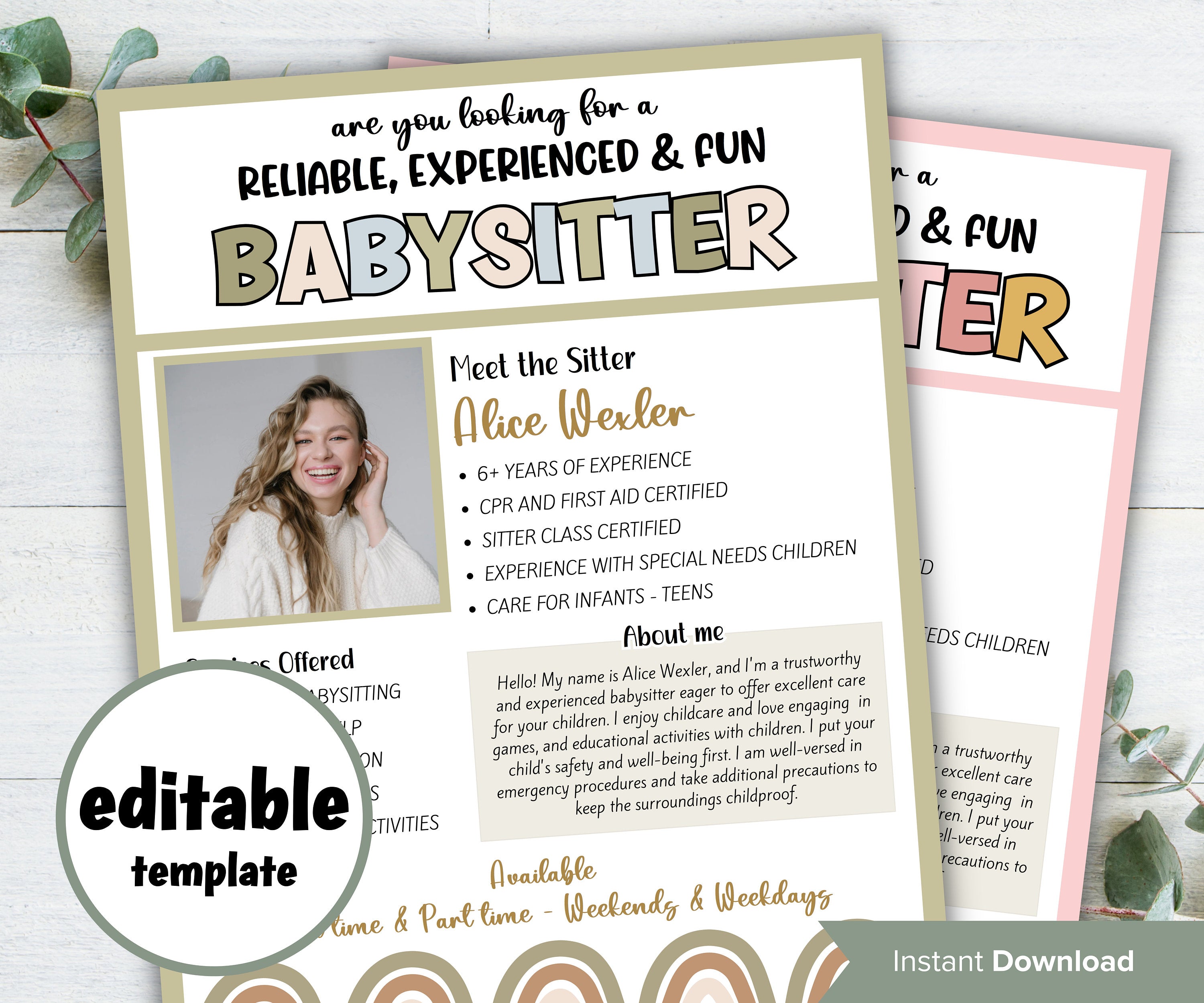 Editable Babysitter Flyer, Childcare Services Community Caretaker Printable Flyer, Babysitter Flyer, Small Business template , Canva Flyer