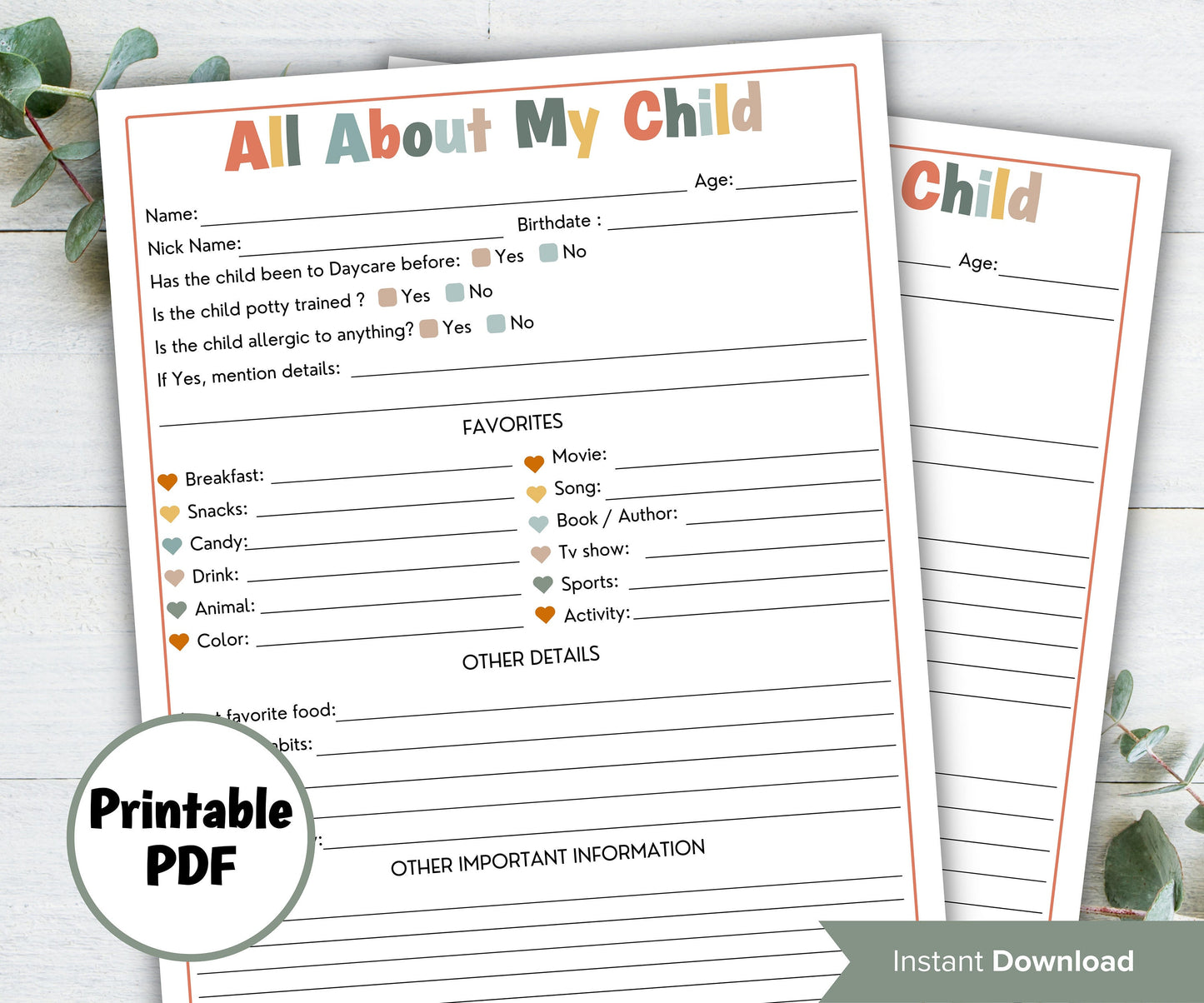 Daycare All about me printable I Daycare Questions I Daycare application I Child information form I Daycare entry form I Preschool questions