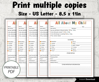 Daycare All about me printable I Daycare Questions I Daycare application I Child information form I Daycare entry form I Preschool questions