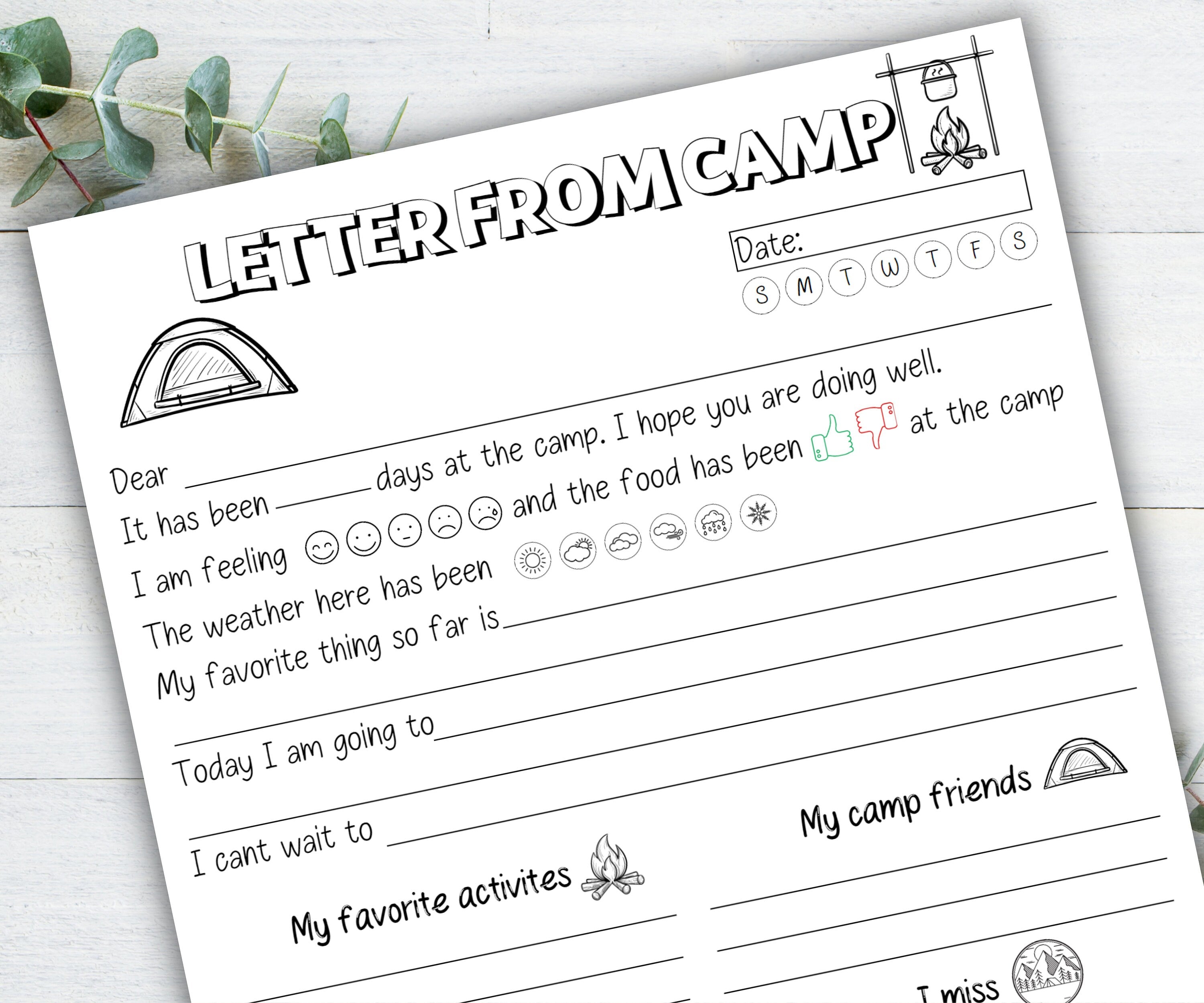 Letter from camp, Summer camp letter, fill in the blanks camp letter, kids letter to parents, overnight camp letter, camp stationary, prompt