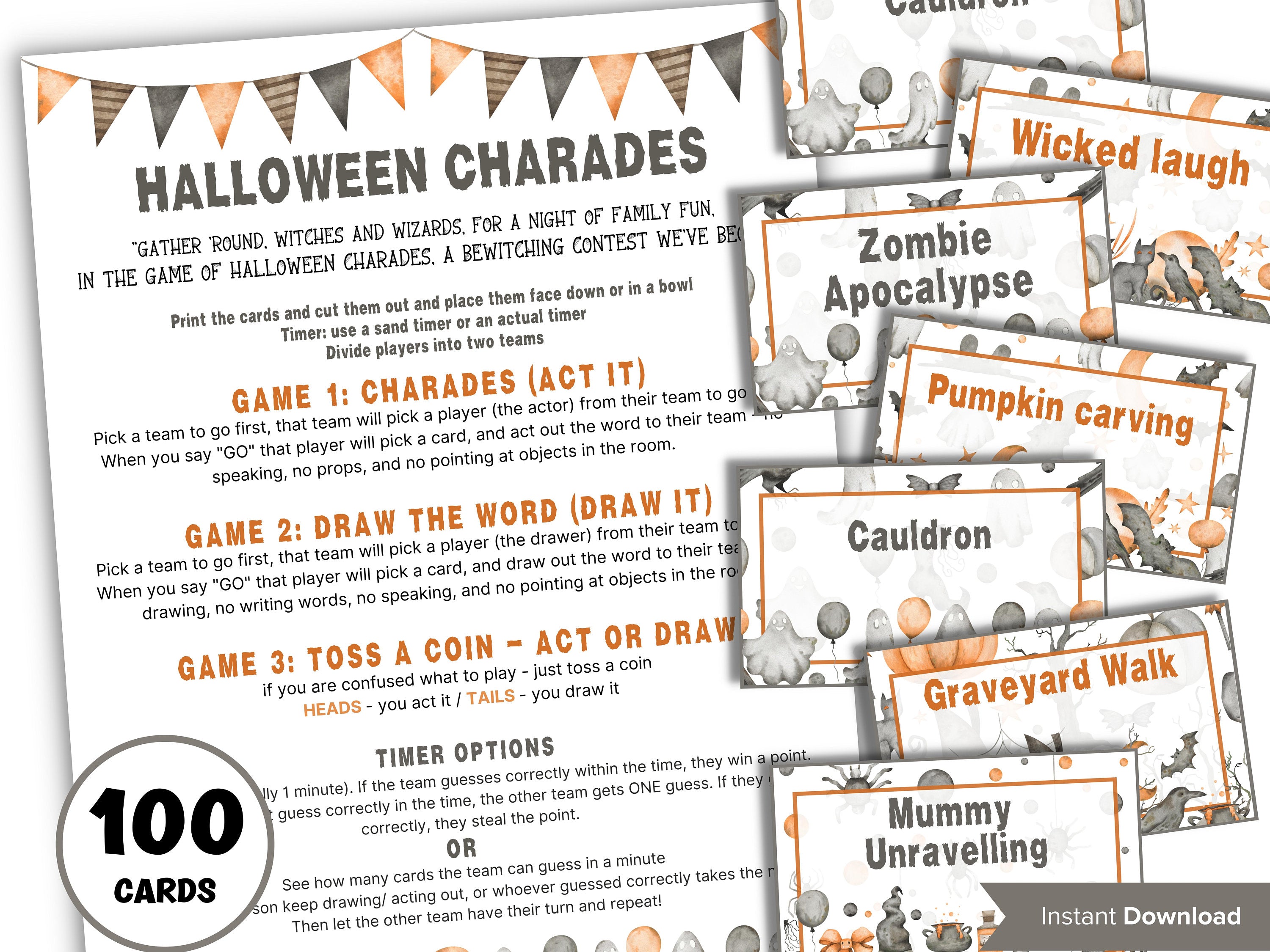 Halloween Charades, Halloween Word Game, Holiday charades, Teen Halloween, Adult Halloween game, Senior living game, Halloween for seniors-Halloween Printables -TheHustlingCatLady-Party Games