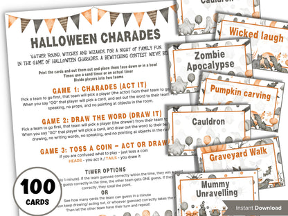 Halloween Charades, Halloween Word Game, Holiday charades, Teen Halloween, Adult Halloween game, Senior living game, Halloween for seniors-Halloween Printables -TheHustlingCatLady-Party Games