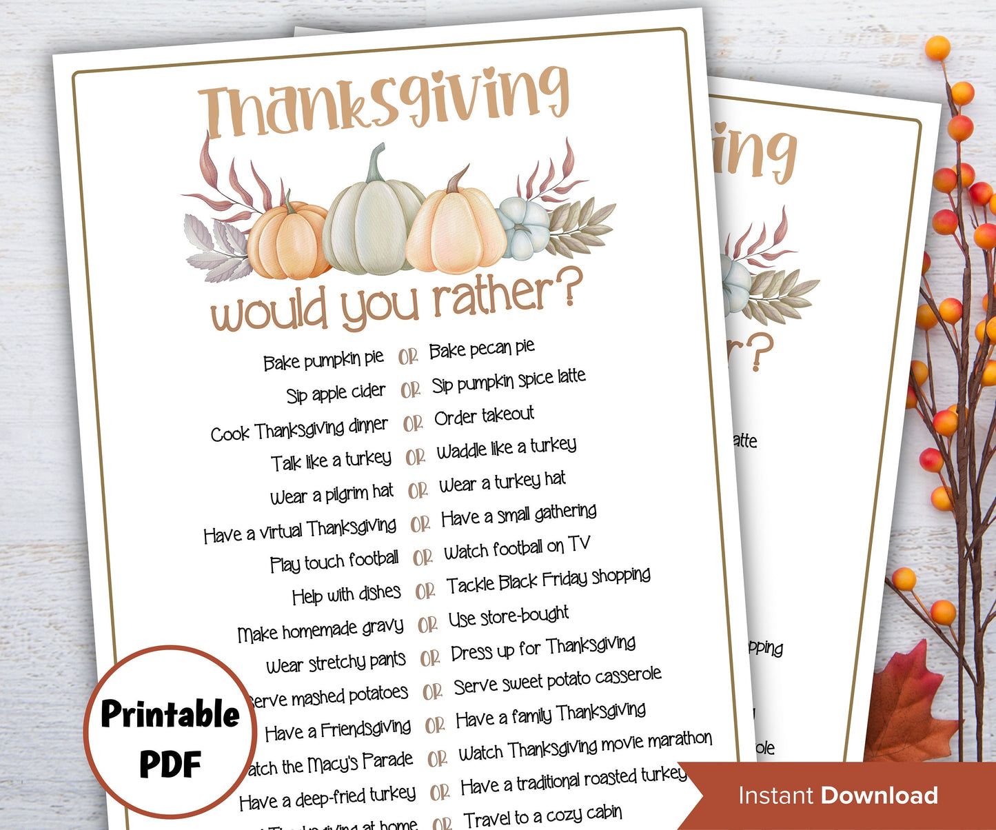 Thanksgiving Would you rather game I Thanksgiving games I Thanksgiving party I Pastel thanksgiving I This or that I Printable kids game-Thanksgiving -TheHustlingCatLady-Party Games