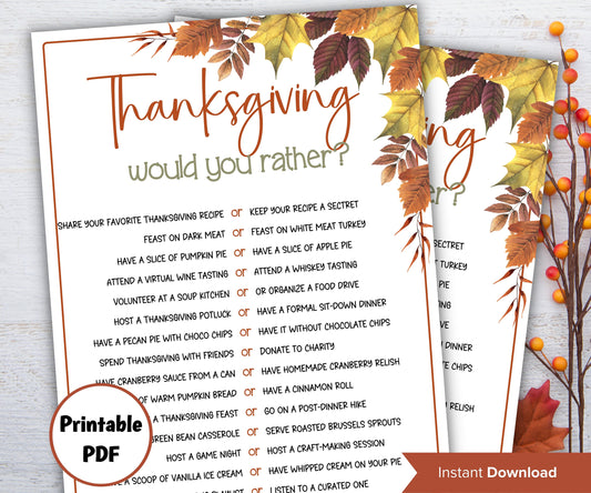 Thanksgiving Would you rather game I Thanksgiving games I Thanksgiving party I This or that I Printable kids game I get to know you-Thanksgiving -TheHustlingCatLady-Party Games