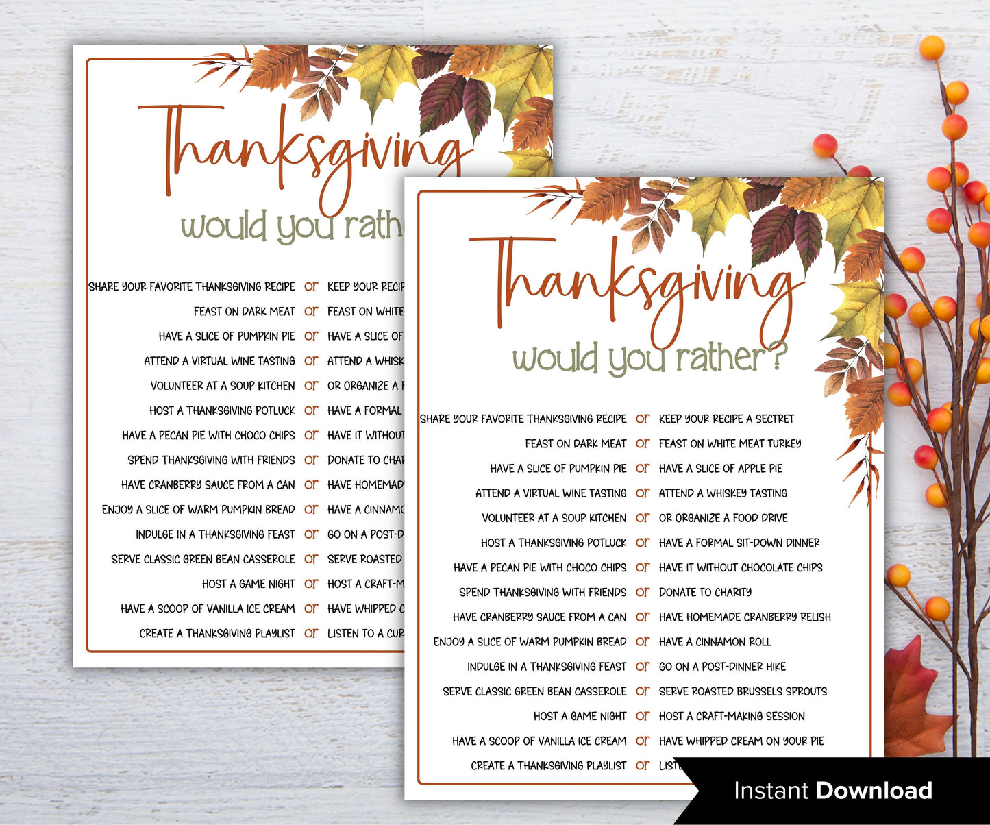 Thanksgiving Would you rather game I Thanksgiving games I Thanksgiving party I This or that I Printable kids game I get to know you-Thanksgiving -TheHustlingCatLady-Party Games