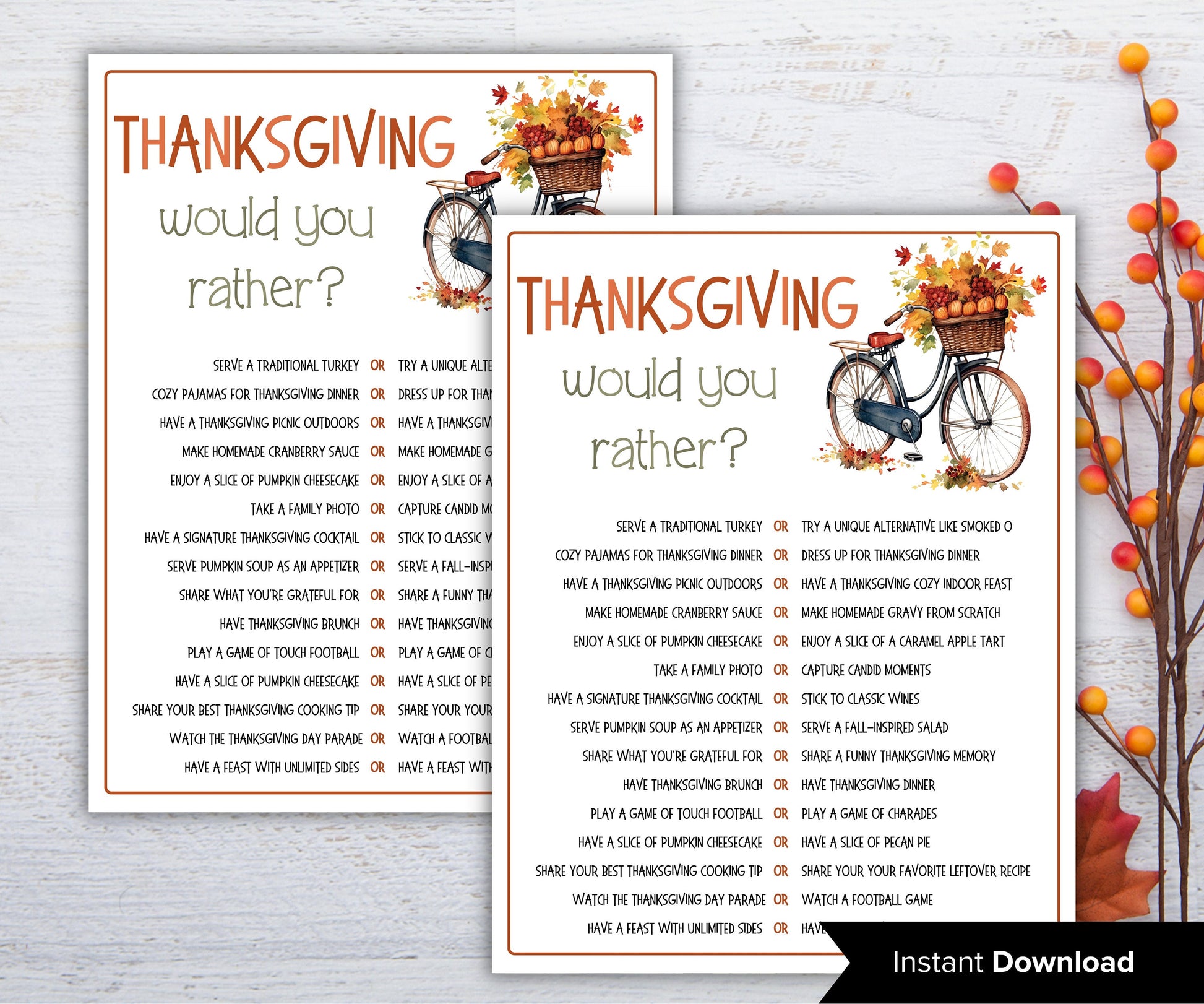 Thanksgiving Would you rather game I Thanksgiving games I Thanksgiving party I Autumn games I This or that I Printable kids game-Thanksgiving -TheHustlingCatLady-Party Games