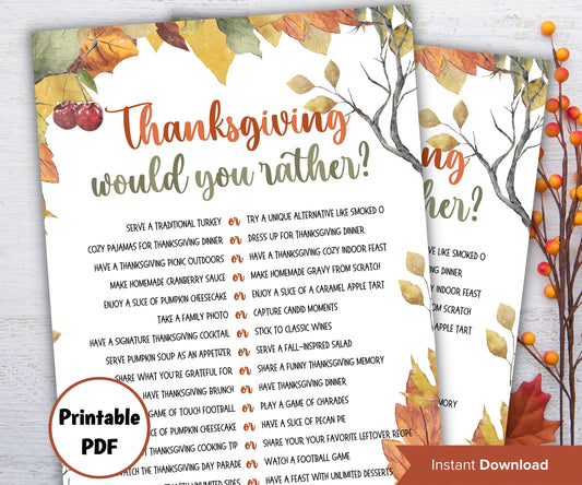 Thanksgiving Would you rather game I Thanksgiving games I Thanksgiving party I This or that I Printable kids game I Get to know you-Thanksgiving -TheHustlingCatLady-Party Games