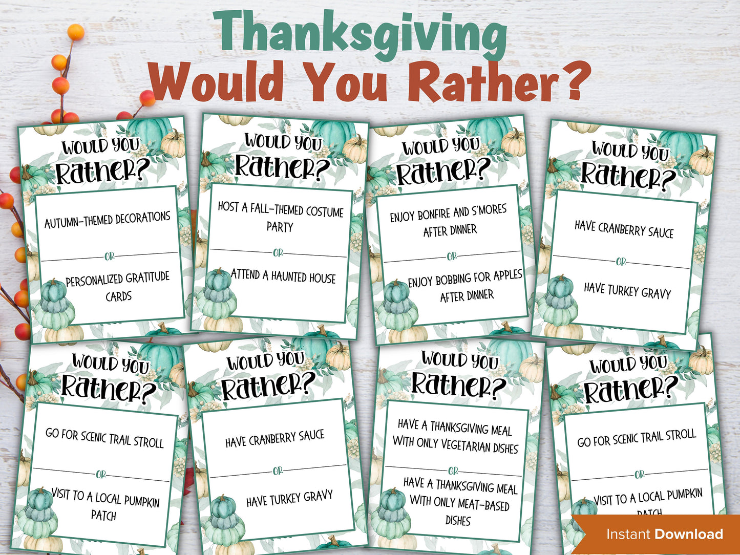 Thanksgiving Would you rather game I Thanksgiving games I Thanksgiving party I Autumn games I This or that I Printable kids game-Thanksgiving -TheHustlingCatLady-Party Games