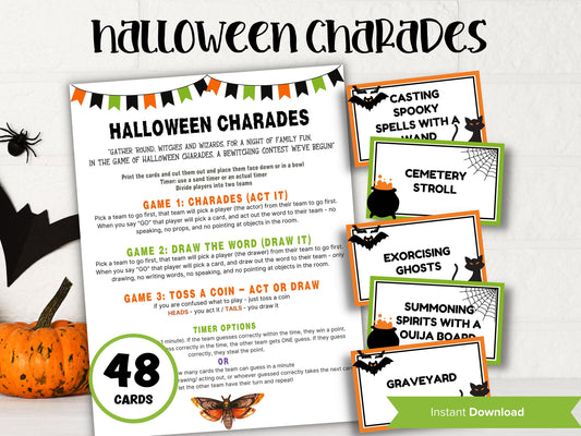 Halloween Charades Printable , Word Game, Holiday charades for teen, Adult Halloween game, Senior living game, Halloween for seniors-Halloween Printables -TheHustlingCatLady-Party Games