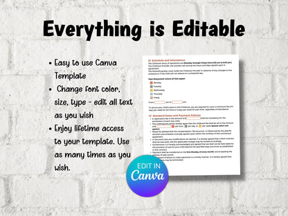 Editable Daycare contract, Home daycare contract, daycare agreement. childcare business, preschool contract, daycare liability form, forms