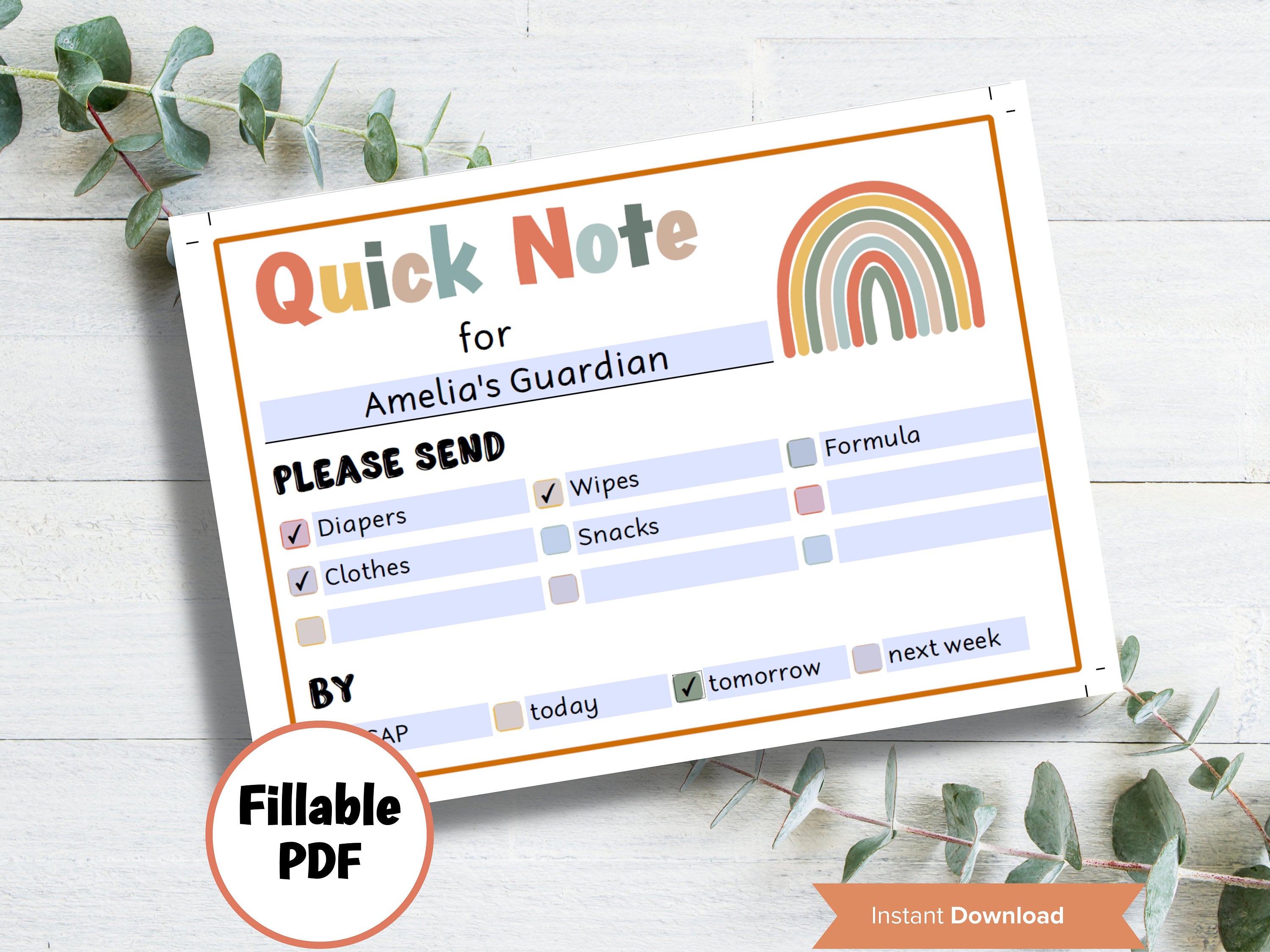 Editable daycare quick note, Boho Rainbow Daycare Card, Communication Card, Daycare Mail, From Day Care, school pickup note, daycare folder