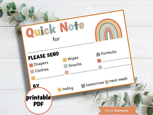 Printable daycare quick note, Daycare Card, Daycare folder, Communication Card, Daycare Mail, From Day Care, school pickup notes