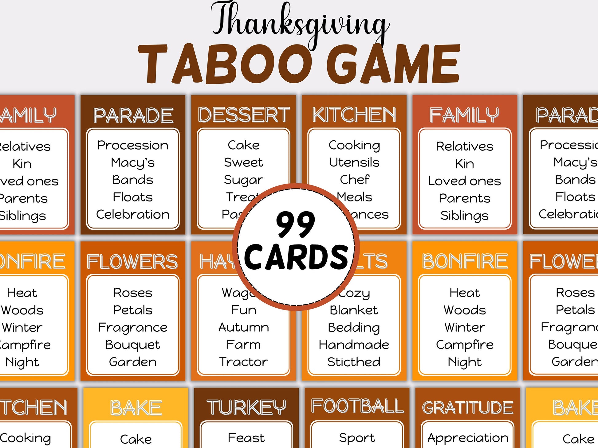 Thanksgiving Taboo game, Fall Autumn words card game, family reunion game night, classroom activities for thanksgiving, school icebreak TH02-Thanksgiving -TheHustlingCatLady-Party Games