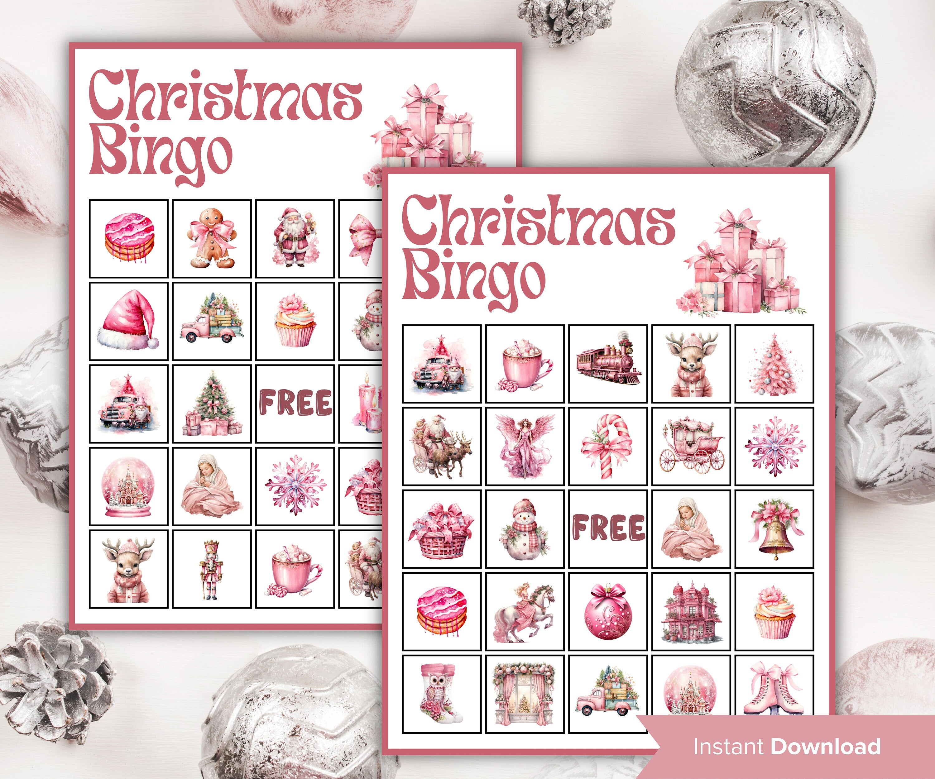 Pink Christmas Bingo, Family Holiday Eve Bingo, Fun christmas games, Coworker Office Xmas, Printable Bingo card, Christmas Activity for kids-Christmas -TheHustlingCatLady-Party Games