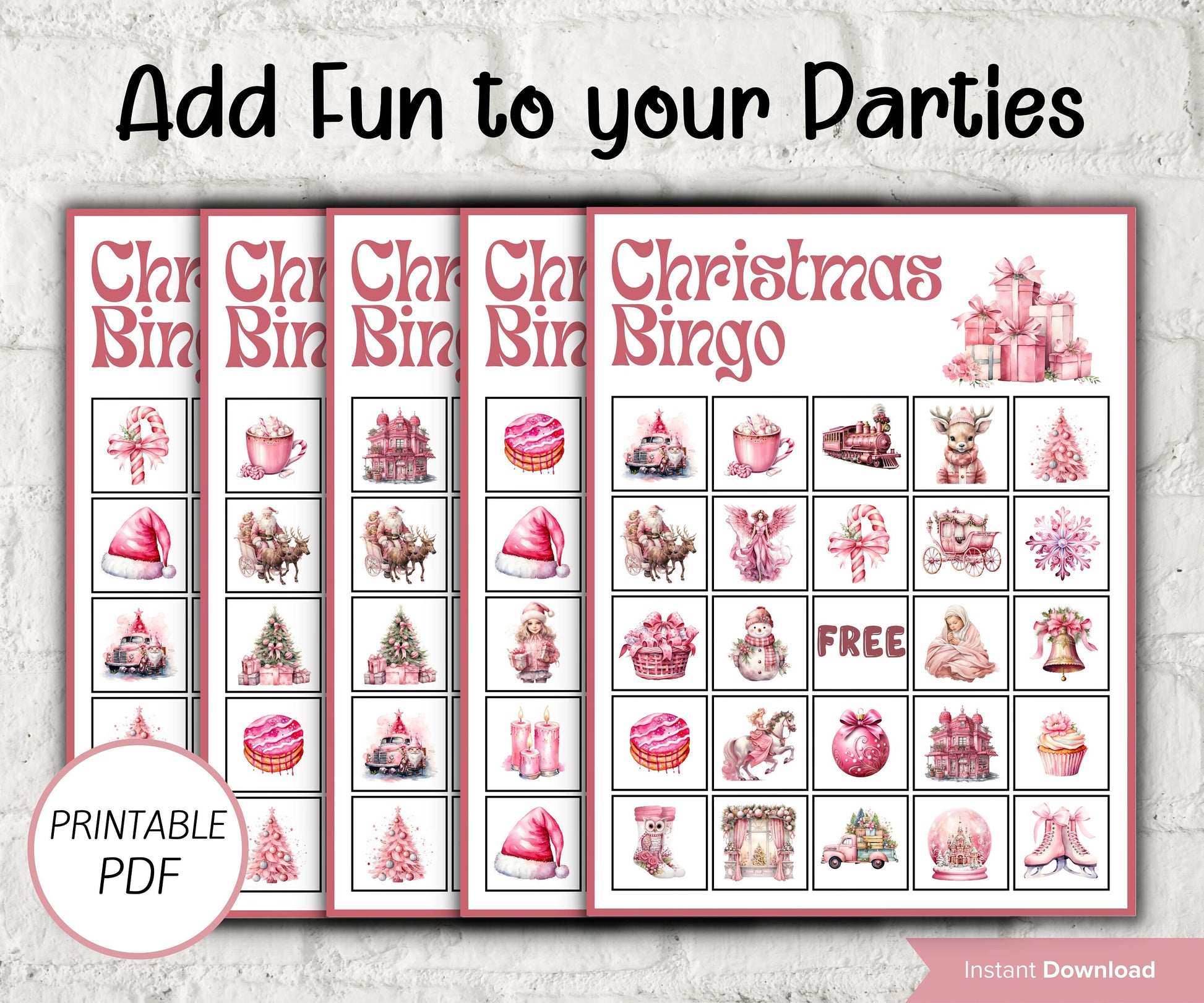 Pink Christmas Bingo, Family Holiday Eve Bingo, Fun christmas games, Coworker Office Xmas, Printable Bingo card, Christmas Activity for kids-Christmas -TheHustlingCatLady-Party Games