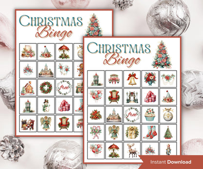 Retro Vintage Christmas Bingo, , Fun christmas activity for kids, Coworker Office Xmas game, Printable Bingo card, Family Holiday Eve Bingo-Christmas -TheHustlingCatLady-Party Games