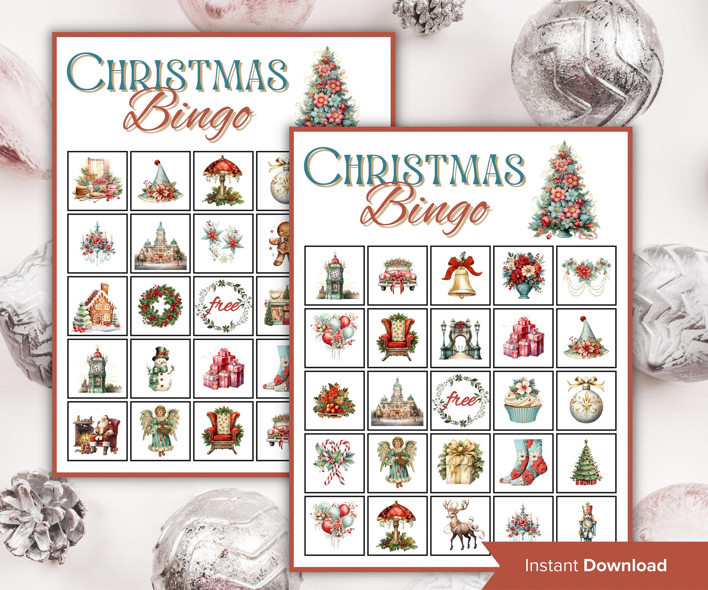 Retro Vintage Christmas Bingo, , Fun christmas activity for kids, Coworker Office Xmas game, Printable Bingo card, Family Holiday Eve Bingo-Christmas -TheHustlingCatLady-Party Games