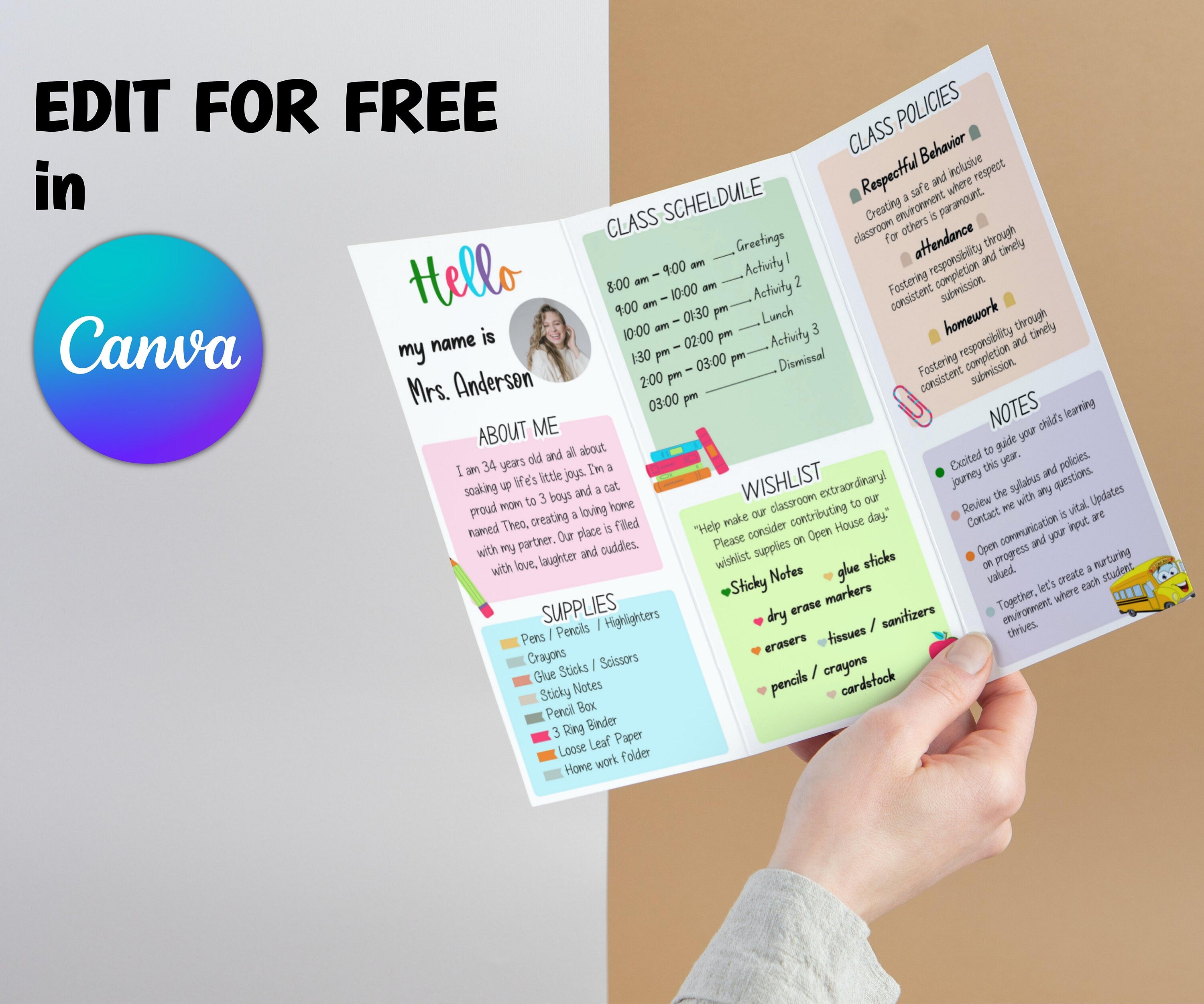 Meet the teacher template, Editable Open House template, Trifold Brochure, Canva teacher template, bright color template, school counselling