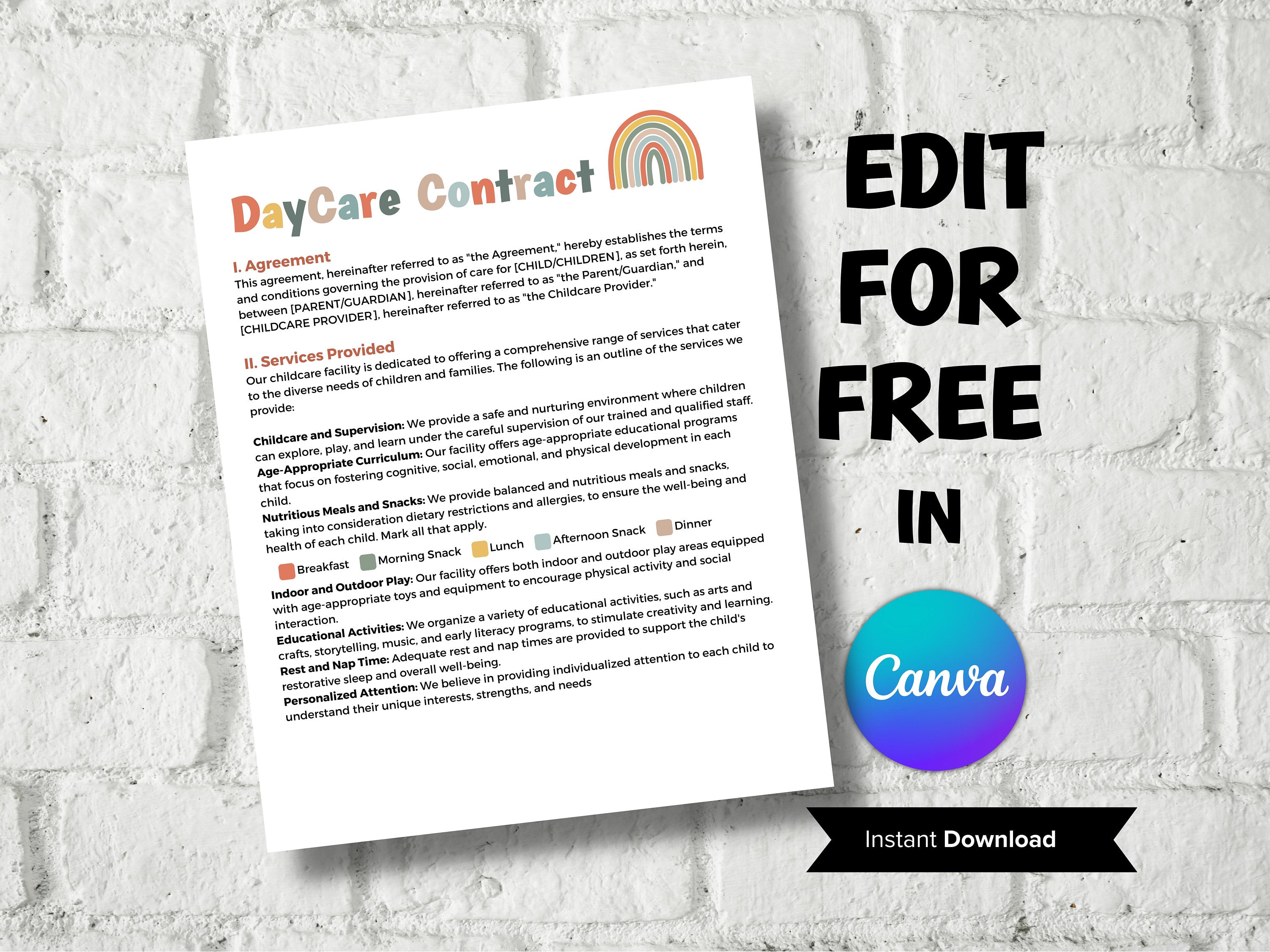 Editable Daycare contract, Home daycare contract, daycare agreement. childcare business, preschool contract, daycare liability form, forms