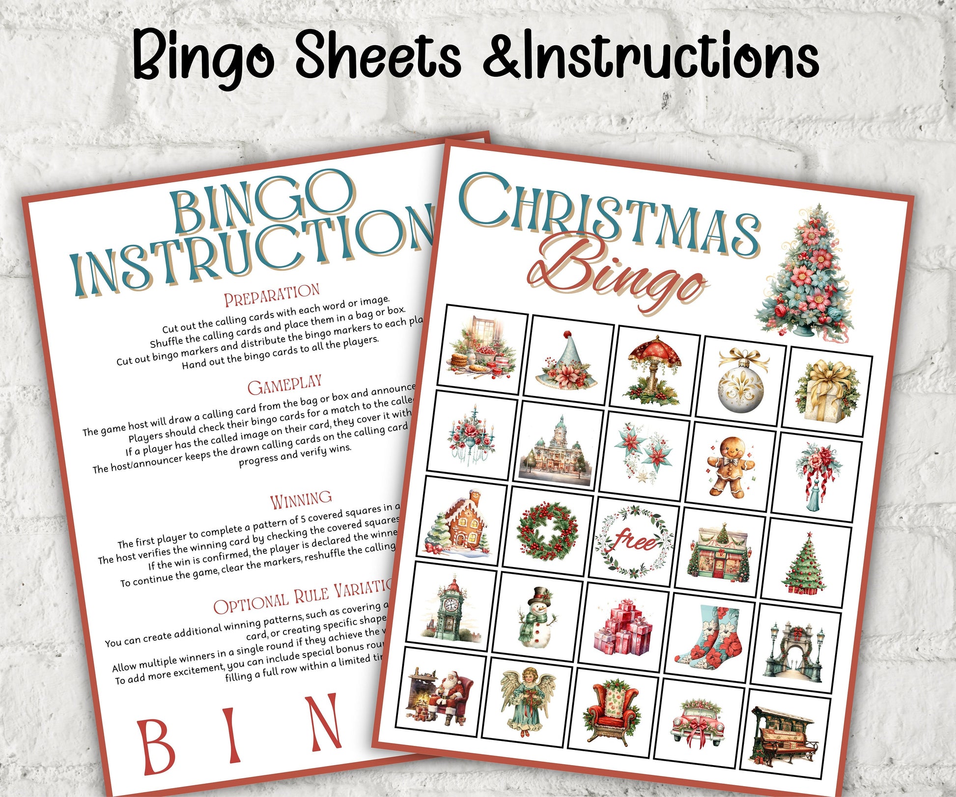 Retro Vintage Christmas Bingo, , Fun christmas activity for kids, Coworker Office Xmas game, Printable Bingo card, Family Holiday Eve Bingo-Christmas -TheHustlingCatLady-Party Games