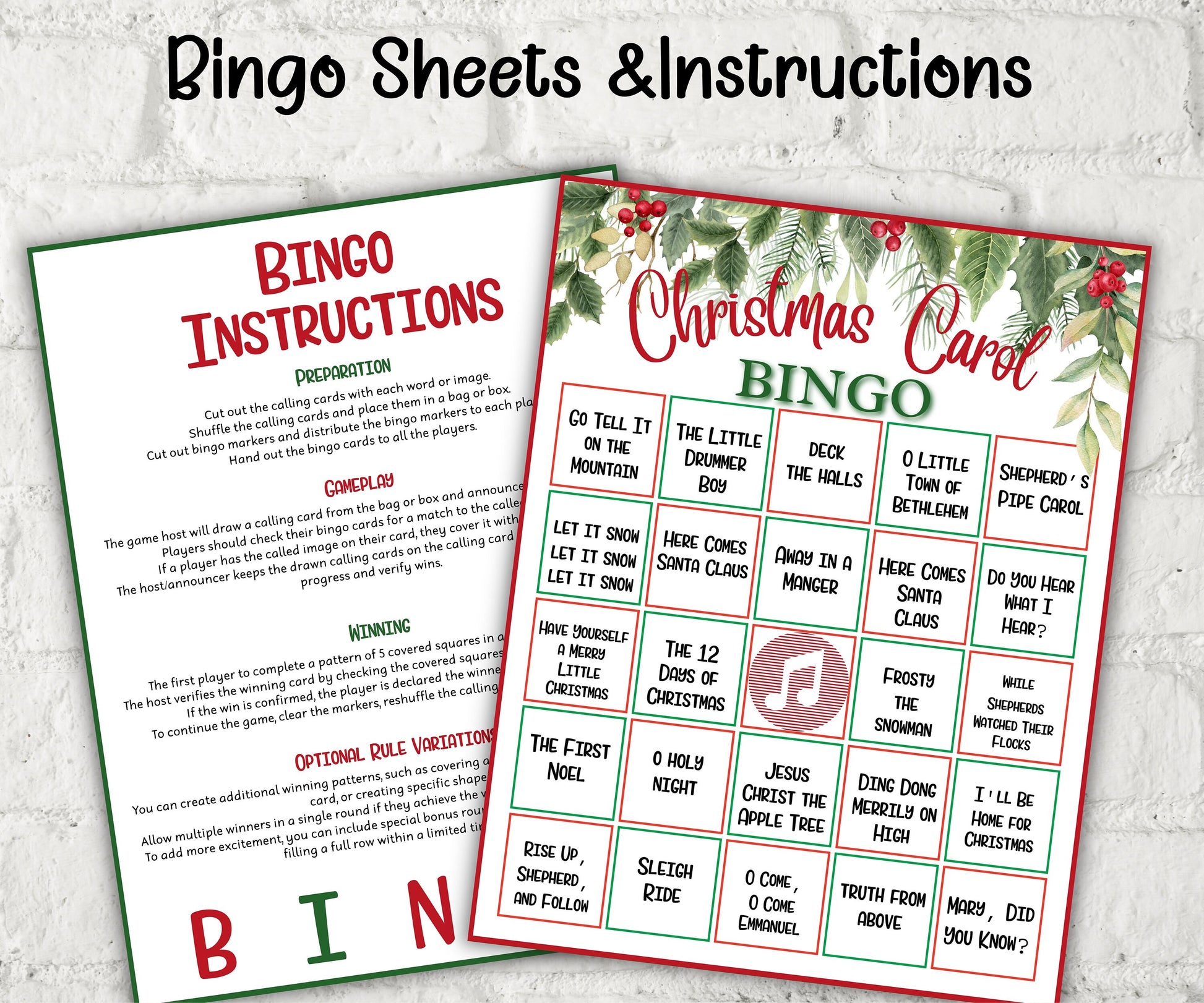 Christmas Carol Bingo, Church activity for kids, teens and adults, Holiday Hits Xmas Bingo game card, Pop Music Evening Bingo-Christmas -TheHustlingCatLady-Party Games