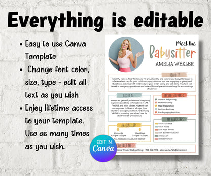 Childcare Services, Community Caretaker Printable Flyer, Editable Babysitter Flyer, Small Business template , Canva Flyer, babysitter resume