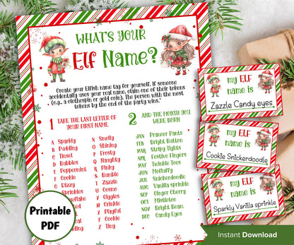 What's Your Elf name, Elf name tag game, Kids Christmas, Elf name board sign, Elf name generator, Christmas activities, Holiday party games-Christmas -TheHustlingCatLady-Stickers, Labels & Tags