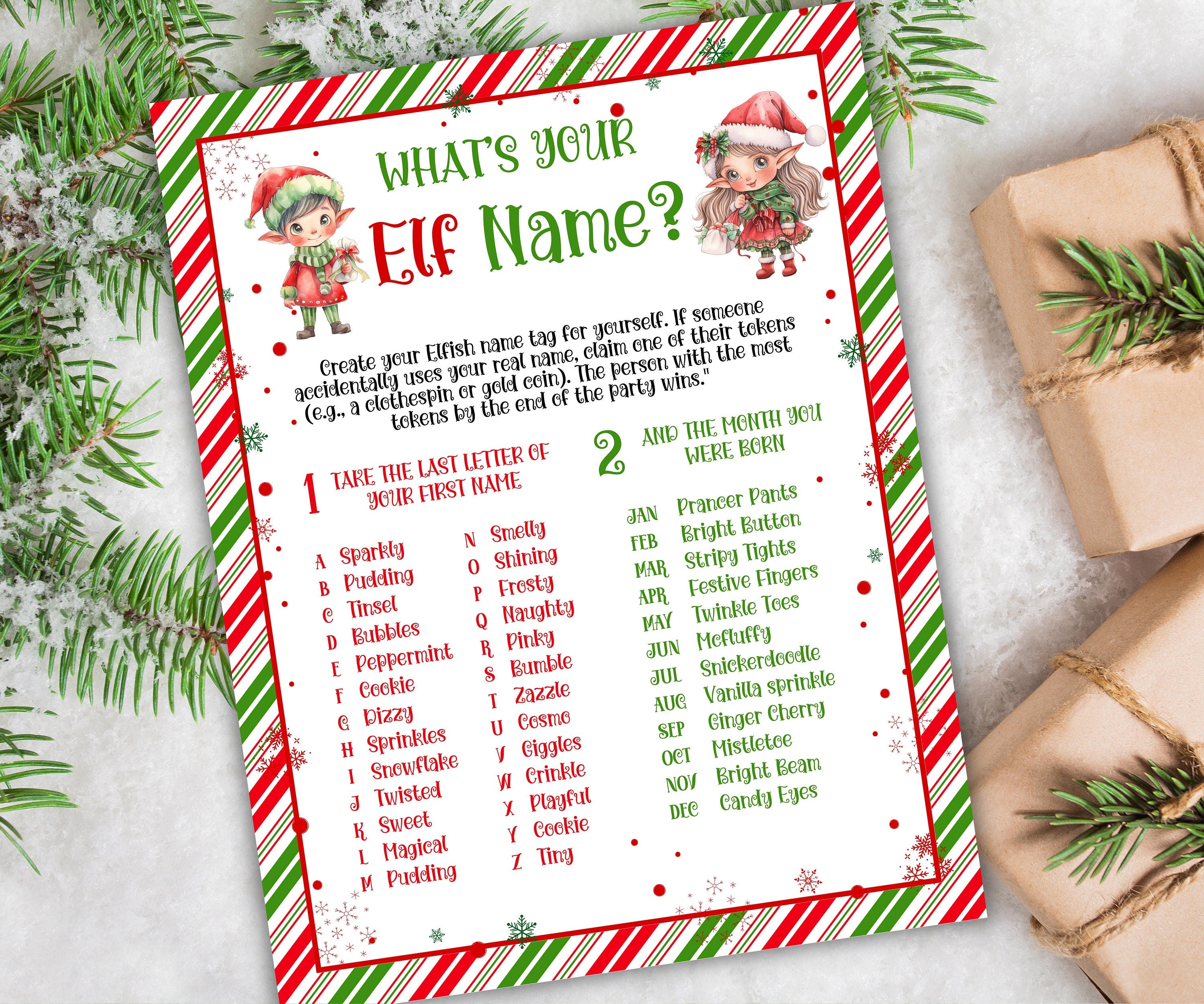 What's Your Elf name, Elf name tag game, Kids Christmas, Elf name board sign, Elf name generator, Christmas activities, Holiday party games-Christmas -TheHustlingCatLady-Stickers, Labels & Tags