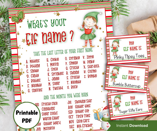 Kids Christmas, Elf name board sign, Elf name generator, Christmas activities, Holiday party games, What's Your Elf name, Elf name tag game-Christmas -TheHustlingCatLady-Stickers, Labels & Tags