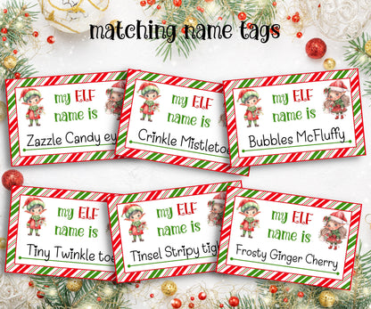 What's Your Elf name, Elf name tag game, Kids Christmas, Elf name board sign, Elf name generator, Christmas activities, Holiday party games-Christmas -TheHustlingCatLady-Stickers, Labels & Tags