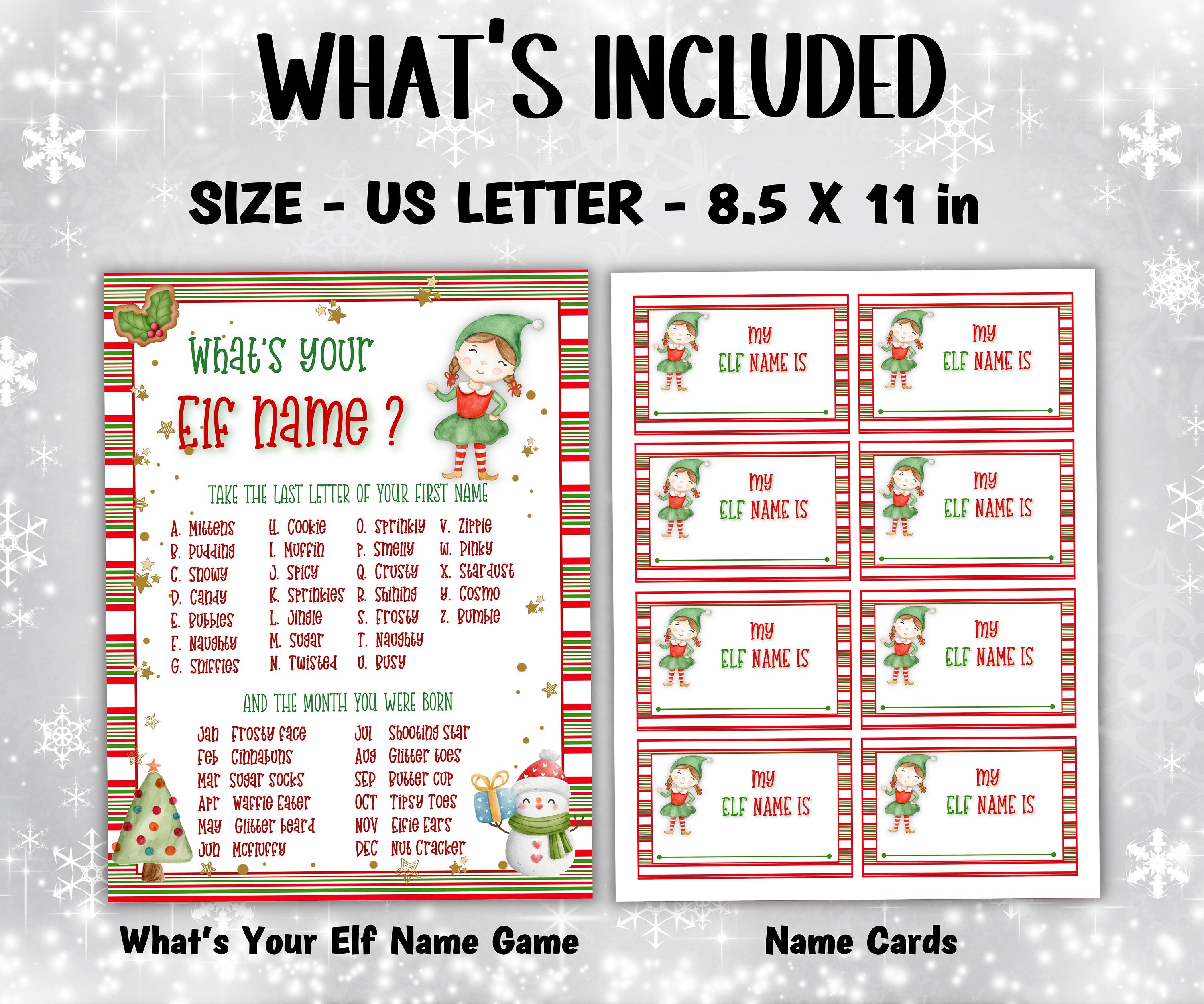 Kids Christmas, Elf name board sign, Elf name generator, Christmas activities, Holiday party games, What's Your Elf name, Elf name tag game-Christmas -TheHustlingCatLady-Stickers, Labels & Tags