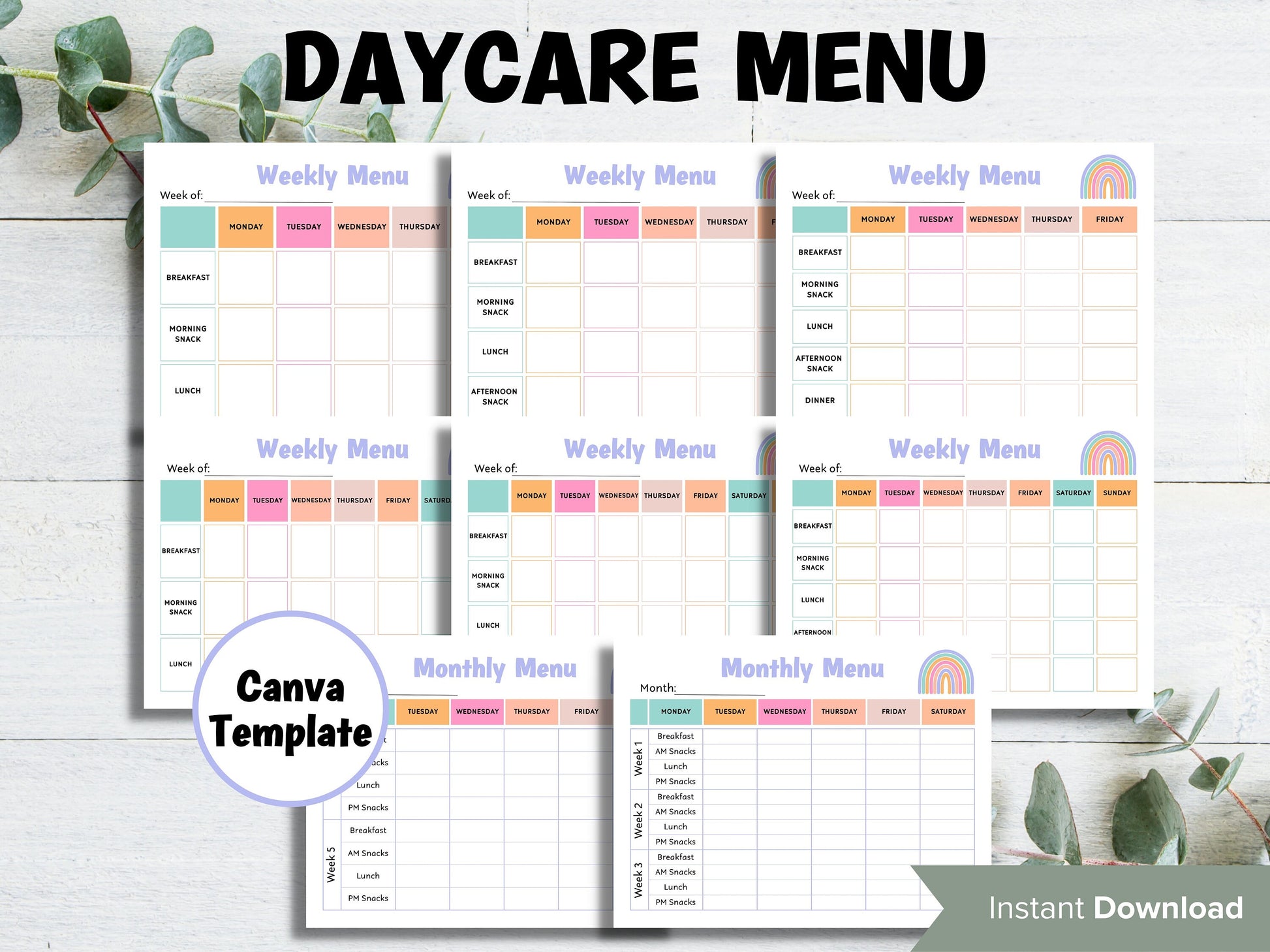 Home School Meal Planner | Home Daycare Weekly Menu Editable | Weekly meal planner | Preschool Menu | Daycare Template I editable menu