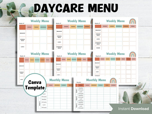 Daycare Menu Template I Home School Meal Planner | Home Daycare Weekly Menu Editable | Weekly meal planner | Preschool Menu I editable menu