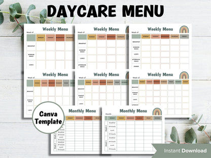 Editable menu I Weekly meal planner I Monthly Menu Template I Home School Meal Planner | Home Daycare Weekly Menu Editable | Preschool Menu