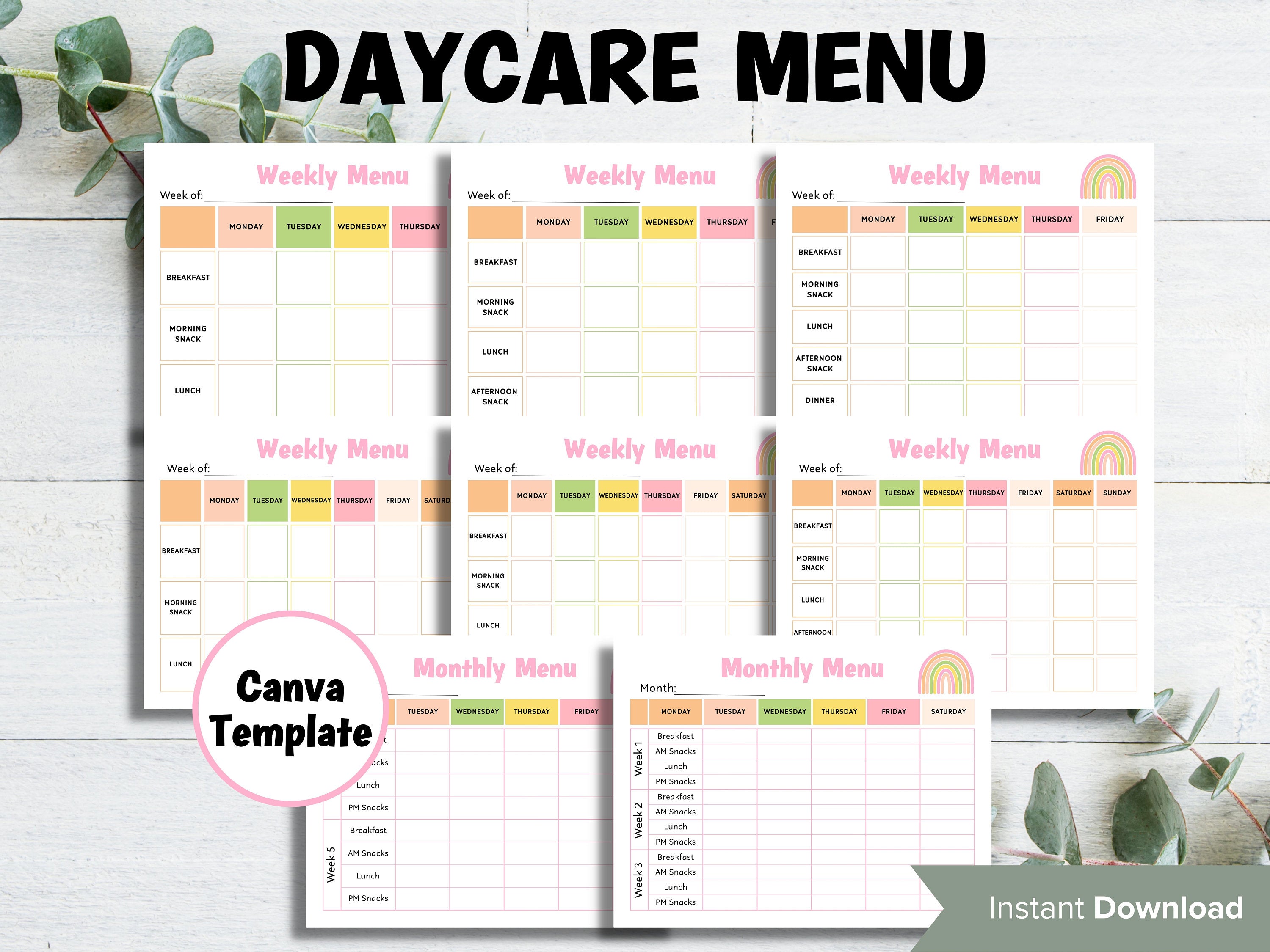 Weekly meal planner I Monthly Menu Template I Home School Meal Planner | Home Daycare Weekly Menu Editable | Preschool Menu I editable menu