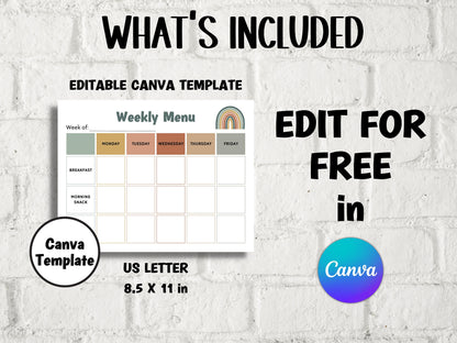 Editable menu I Weekly meal planner I Monthly Menu Template I Home School Meal Planner | Home Daycare Weekly Menu Editable | Preschool Menu