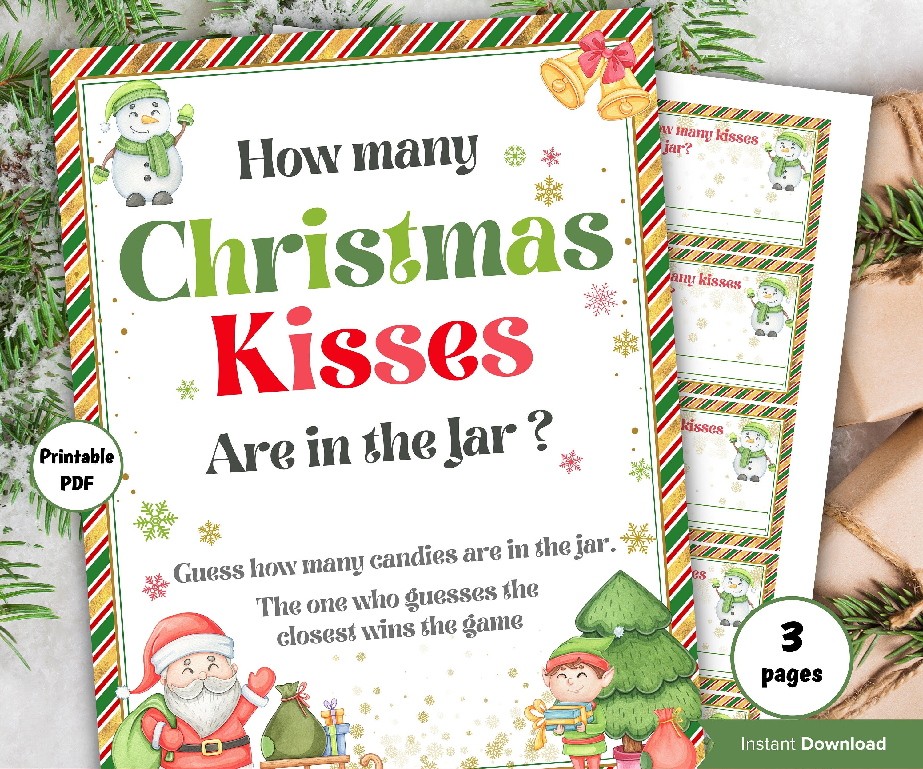 How Many Kisses Guessing Game, Office Christmas Party Games and Party Supplies, Printable Indoor Family Holiday Icebreaker game, baby shower-Christmas -TheHustlingCatLady-Party Games