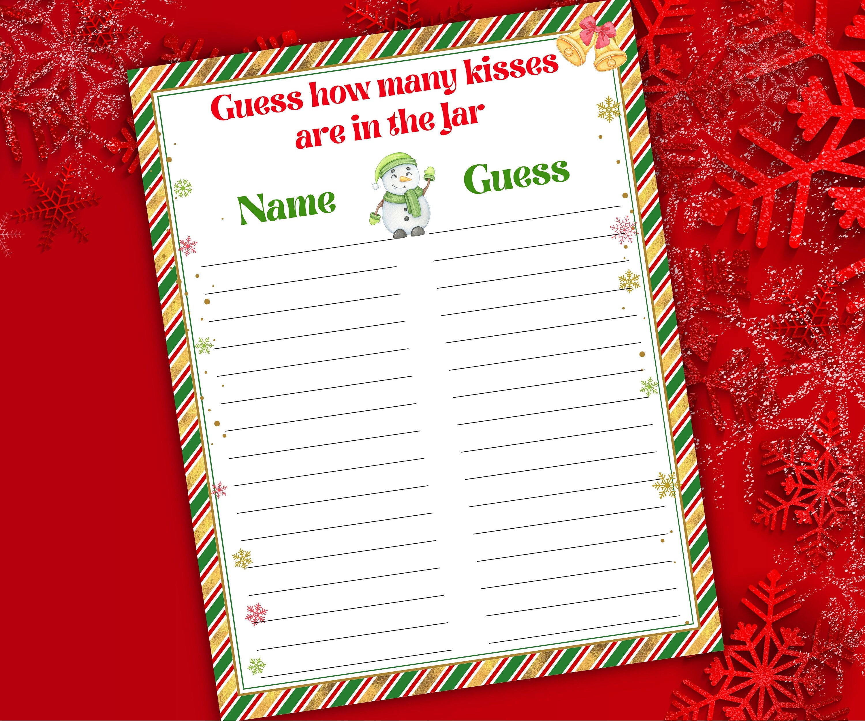 How Many Kisses Guessing Game, Office Christmas Party Games and Party Supplies, Printable Indoor Family Holiday Icebreaker game, baby shower-Christmas -TheHustlingCatLady-Party Games