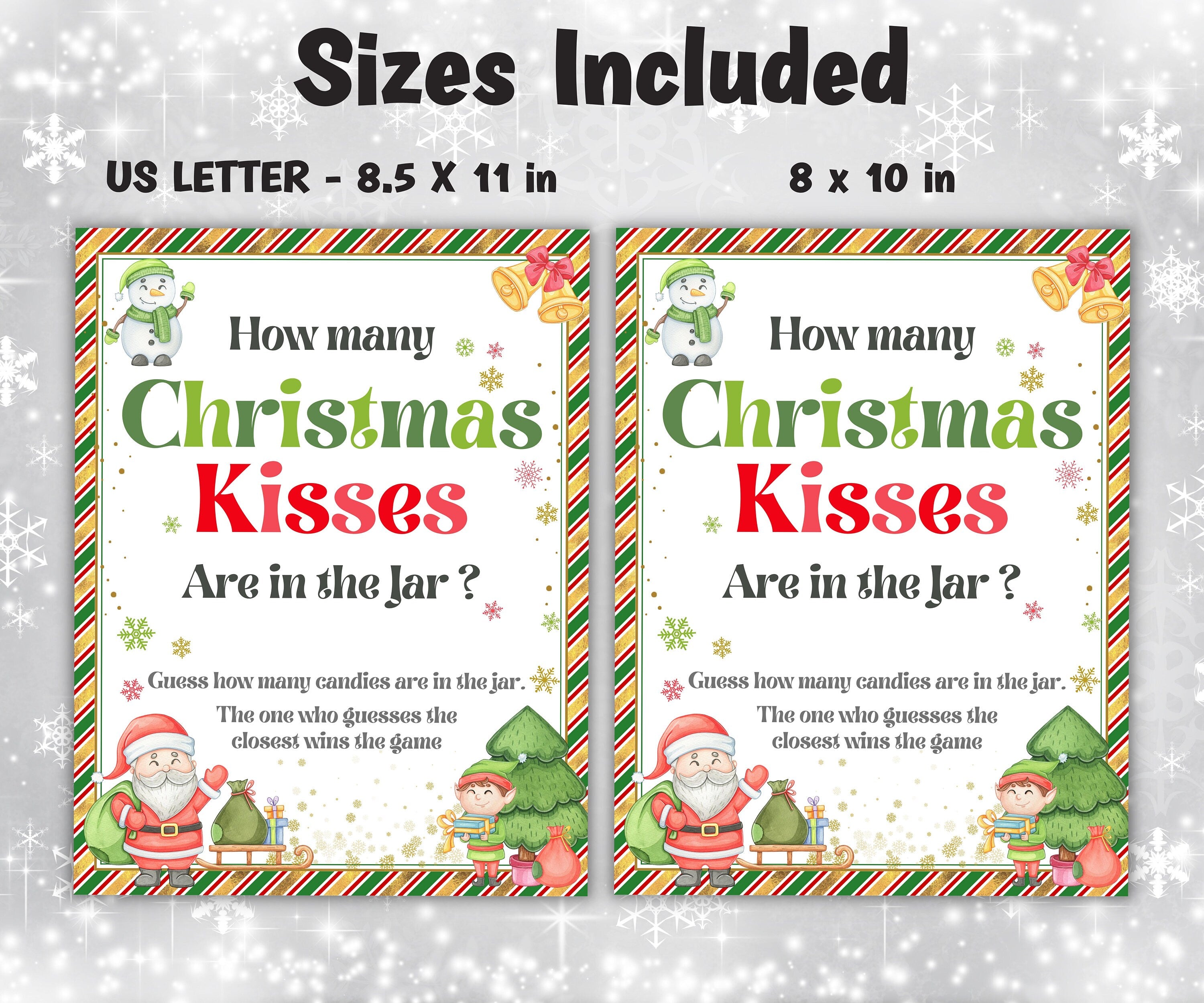 How Many Kisses Guessing Game, Office Christmas Party Games and Party Supplies, Printable Indoor Family Holiday Icebreaker game, baby shower-Christmas -TheHustlingCatLady-Party Games