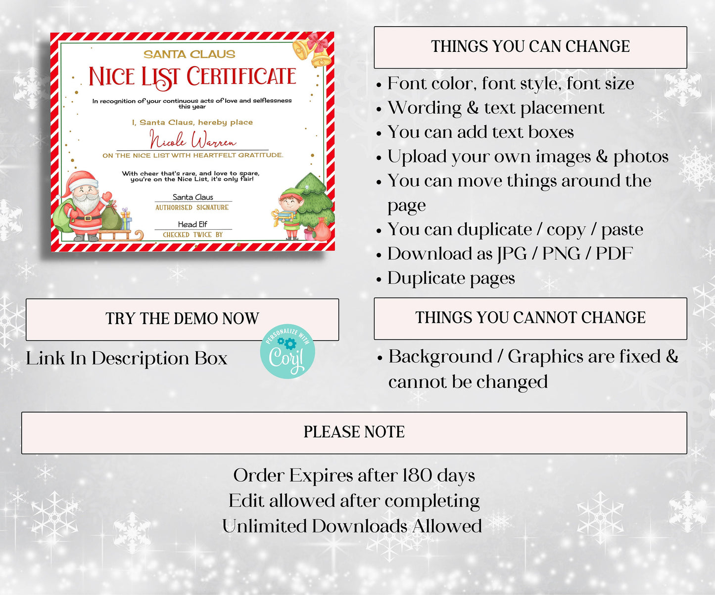 Editable in Corjl Santa Nice List Certificate, Christmas Letter, Editable Template, From the desk of, Christmas Eve Box, Official Santa Mail-Christmas -TheHustlingCatLady-Party Games