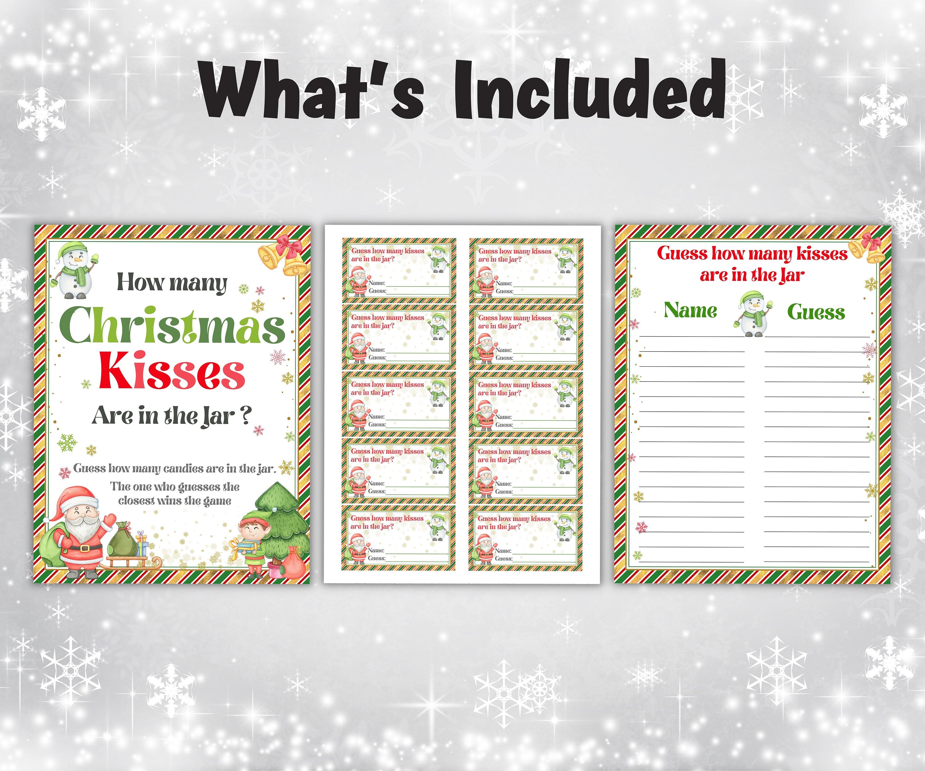 How Many Kisses Guessing Game, Office Christmas Party Games and Party Supplies, Printable Indoor Family Holiday Icebreaker game, baby shower-Christmas -TheHustlingCatLady-Party Games