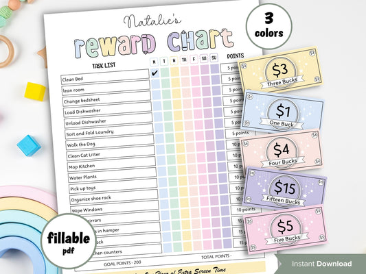 Reward Chart | Sticker Chart | Good Behavior Chart | Behaviour Chart | Toddler Chart | Daily Chore Chart | Teen chart I reward bucks for kid