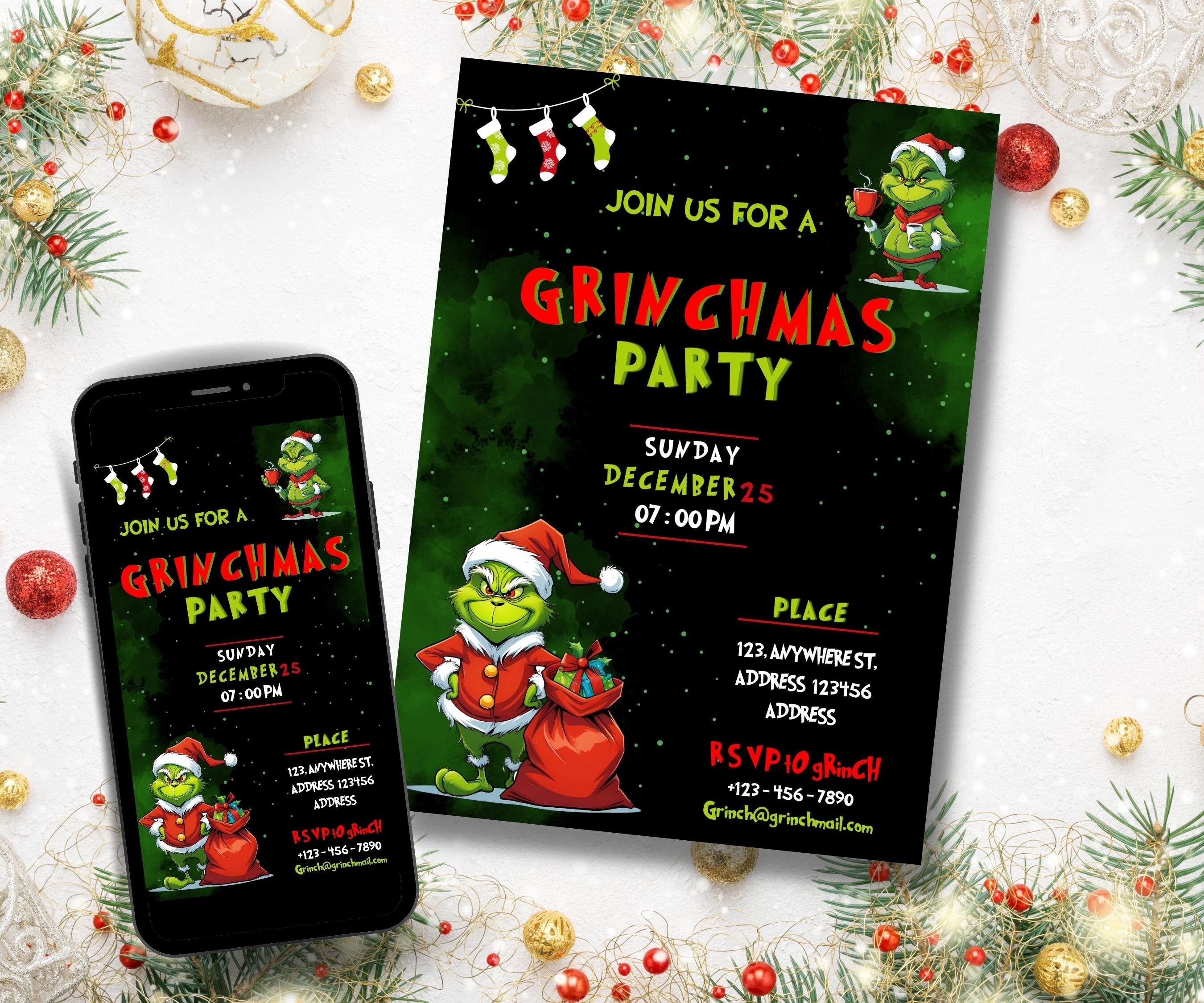 Grinchmas Party | Editable Christmas Party Invitation | Christmas Eve Party Invite | Christmas Birthday Invitation | Grinch Themed Party-Christmas -TheHustlingCatLady-Party Games